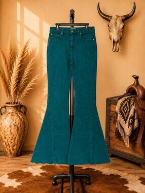 Shyanne Vintage Teal Bell Bottom Jeans 32 L Frayed Hem Bell Bottoms, Modern Size